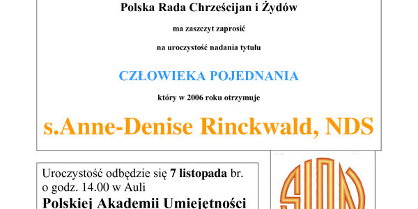Anne Denise Rinckwald NDS - Człowiekiem Pojednania za rok 2006