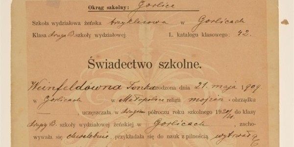 Świadectwo szkolne ze szkoły żydowskiej