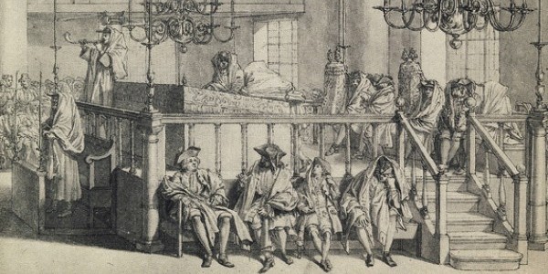 Dęcie w szofar w synagodze w Rosz ha-Szana Rycina Bernarda Picarda / 1724 r.