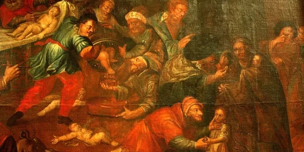 Obraz Karola de Prevot w katolickiej katedrze w Sandomierzu, przedstawiający rzekomy żydowski „mord rytualny” (fragment)
